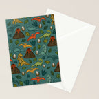 Dinosaurs, Jurassic Art, Volcanos and T-Rex, Dino Print, Dark Blue Stationery Card Gallery Image 2