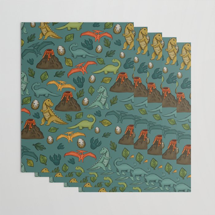 Dinosaurs, Jurassic Art, Volcanos and T-Rex, Dino Print, Dark Blue Wrapping Paper Gallery Image 3