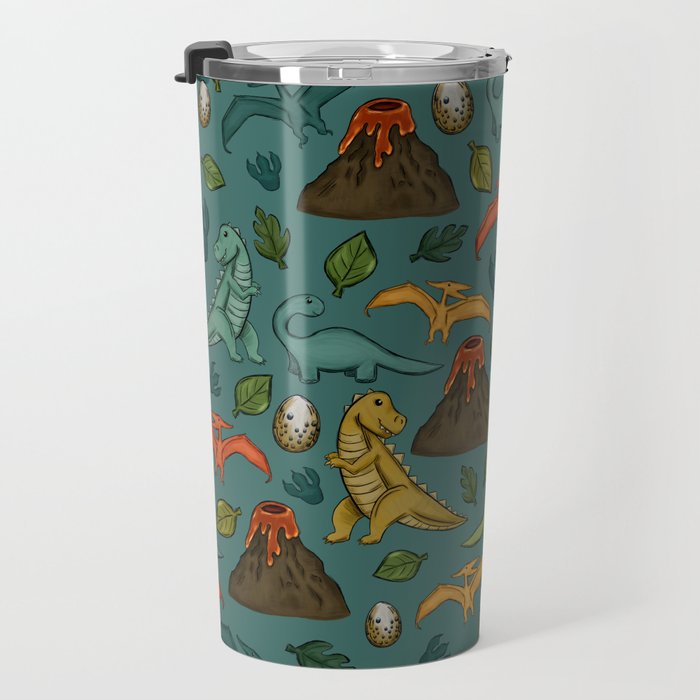 Dinosaurs, Jurassic Art, Volcanos and T-Rex, Dino Print, Dark Blue Travel Mug Gallery Image 3