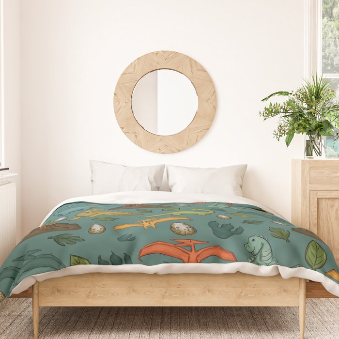 Dinosaurs, Jurassic Art, Volcanos and T-Rex, Dino Print, Dark Blue Duvet Cover Gallery Image 3