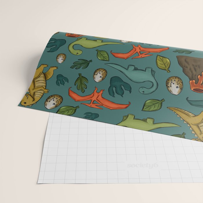 Dinosaurs, Jurassic Art, Volcanos and T-Rex, Dino Print, Dark Blue Wrapping Paper Gallery Image 2