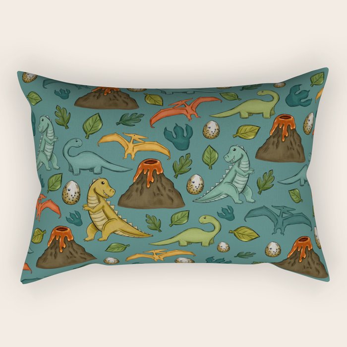 Dinosaurs, Jurassic Art, Volcanos and T-Rex, Dino Print, Dark Blue Rectangular Pillow Gallery Image 1