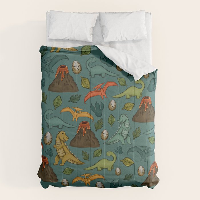 Dinosaurs, Jurassic Art, Volcanos and T-Rex, Dino Print, Dark Blue Comforter Gallery Image 6