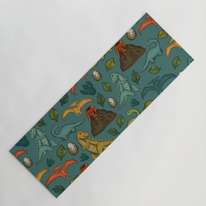 Dinosaurs, Jurassic Art, Volcanos and T-Rex, Dino Print, Dark Blue Yoga Mat Gallery Image 1