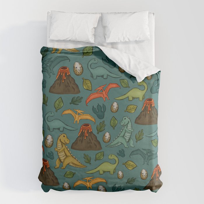 Dinosaurs, Jurassic Art, Volcanos and T-Rex, Dino Print, Dark Blue Duvet Cover Gallery Image 6