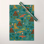 Dinosaurs, Jurassic Art, Volcanos and T-Rex, Dino Print, Dark Blue Wrapping Paper Gallery Image 1
