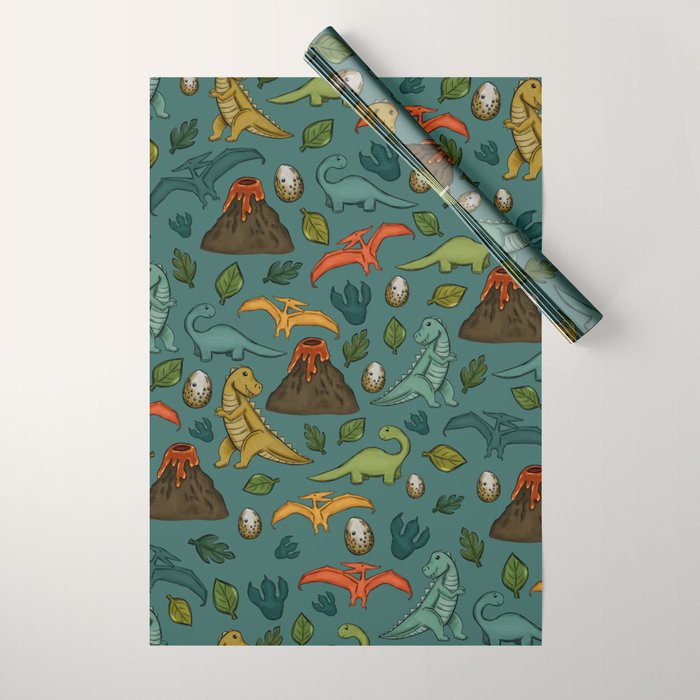 Dinosaurs, Jurassic Art, Volcanos and T-Rex, Dino Print, Dark Blue Wrapping Paper Gallery Image 1