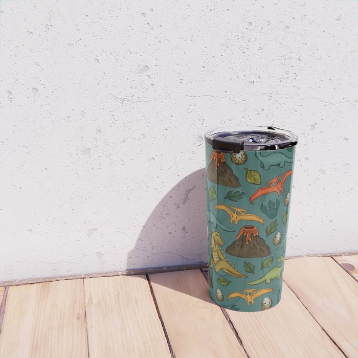 Dinosaurs, Jurassic Art, Volcanos and T-Rex, Dino Print, Dark Blue Travel Mug Gallery Image 4