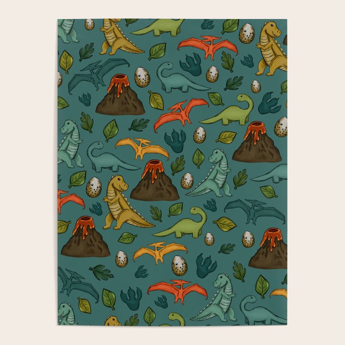 Dinosaurs, Jurassic Art, Volcanos and T-Rex, Dino Print, Dark Blue Poster Gallery Image 4
