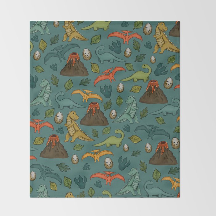 Dinosaurs, Jurassic Art, Volcanos and T-Rex, Dino Print, Dark Blue Throw Blanket Gallery Image 2