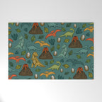 Dinosaurs, Jurassic Art, Volcanos and T-Rex, Dino Print, Dark Blue Welcome Mat Gallery Image 1