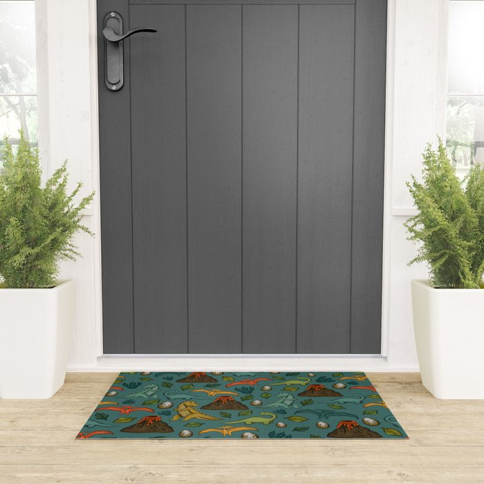 Dinosaurs, Jurassic Art, Volcanos and T-Rex, Dino Print, Dark Blue Welcome Mat Gallery Image 3