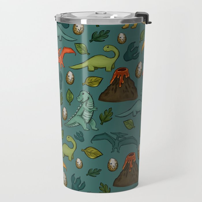 Dinosaurs, Jurassic Art, Volcanos and T-Rex, Dino Print, Dark Blue Travel Mug Gallery Image 2