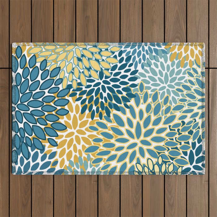Modern Floral Prints, Teal and Yellow Outdoor Rug Gallery Image 1
