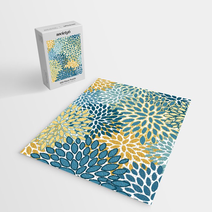 Modern Floral Prints, Teal and Yellow Jigsaw Puzzle Gallery Image 2