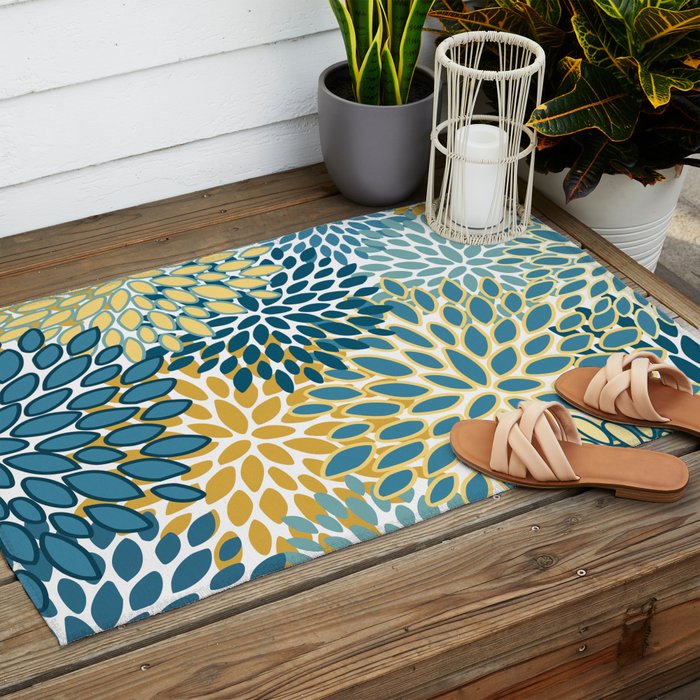 Modern Floral Prints, Teal and Yellow Outdoor Rug Gallery Image 2