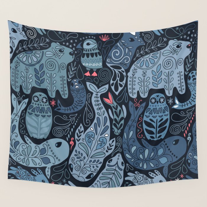 Arctic animals Polar bear, narwhal, seal, fox, puffin, whale  Wall Tapestry Gallery Image 4