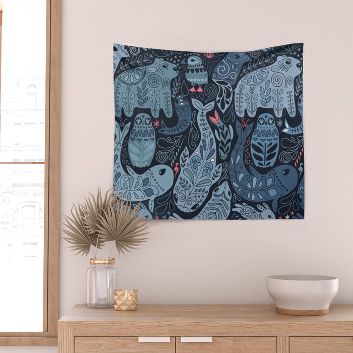 Arctic animals Polar bear, narwhal, seal, fox, puffin, whale  Wall Tapestry Gallery Image 2