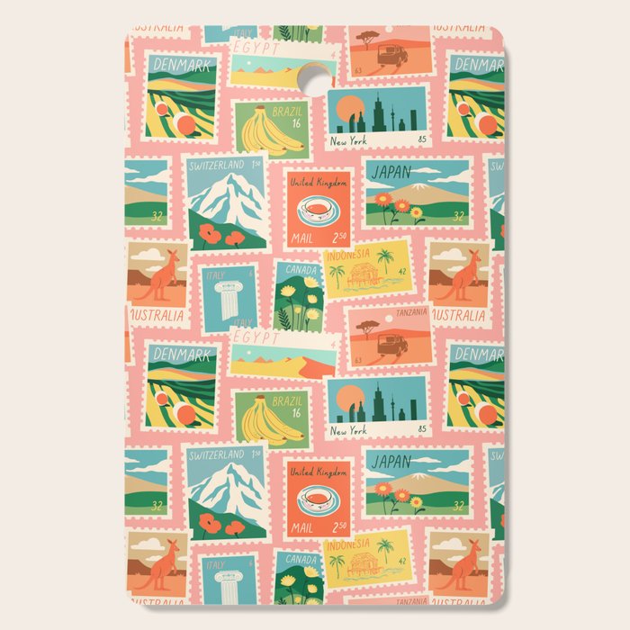 Vintage world travel postage stamp sticker pattern Cutting Board Gallery Image 1