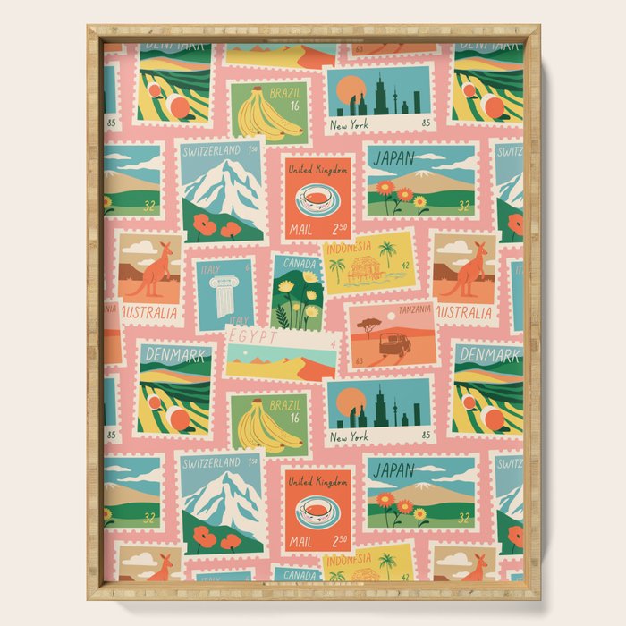 Vintage world travel postage stamp sticker pattern Serving Tray Gallery Image 1