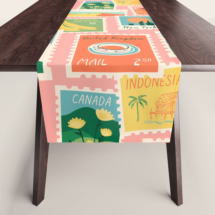 Vintage world travel postage stamp sticker pattern Table Runner Gallery Image 1