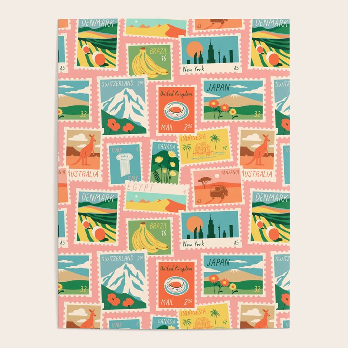Vintage world travel postage stamp sticker pattern Poster Gallery Image 1