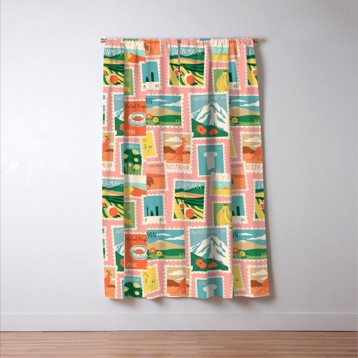 Vintage world travel postage stamp sticker pattern Window Curtain Gallery Image 3