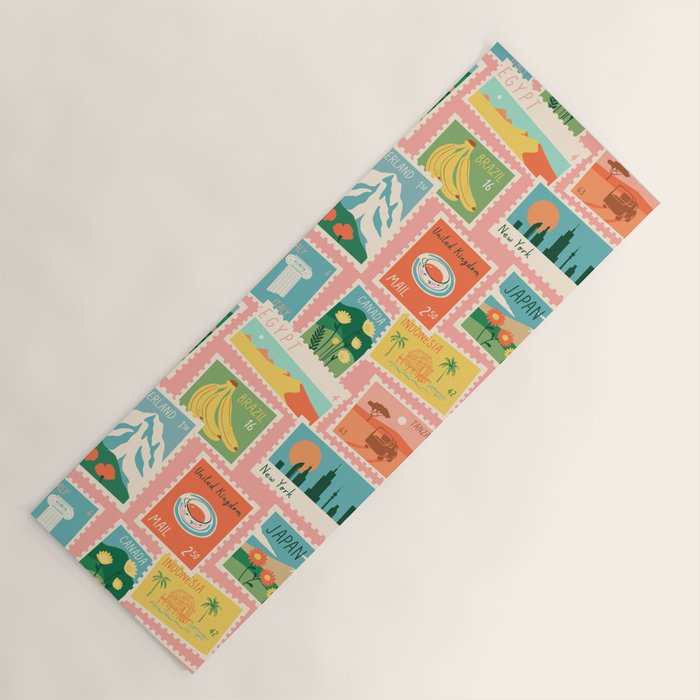 Vintage world travel postage stamp sticker pattern Yoga Mat Gallery Image 1
