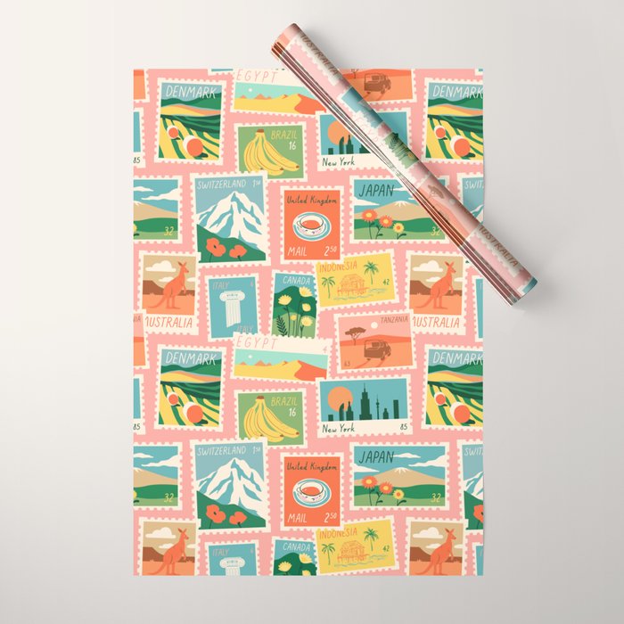 Vintage world travel postage stamp sticker pattern Wrapping Paper Gallery Image 1
