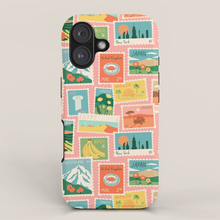 Vintage world travel postage stamp sticker pattern iPhone Case Gallery Image 1
