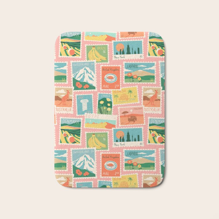 Vintage world travel postage stamp sticker pattern Bath Mat Gallery Image 1