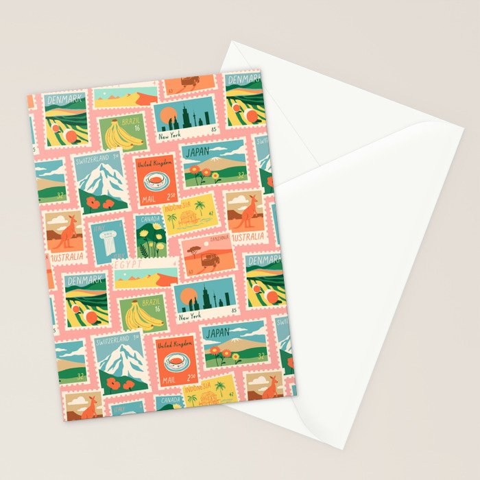 Vintage world travel postage stamp sticker pattern Stationery Card Gallery Image 2
