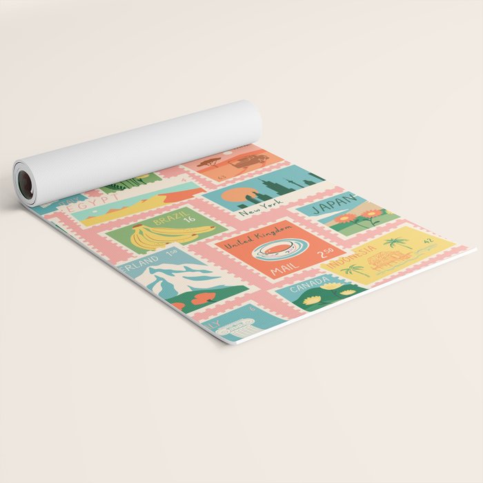Vintage world travel postage stamp sticker pattern Yoga Mat Gallery Image 2