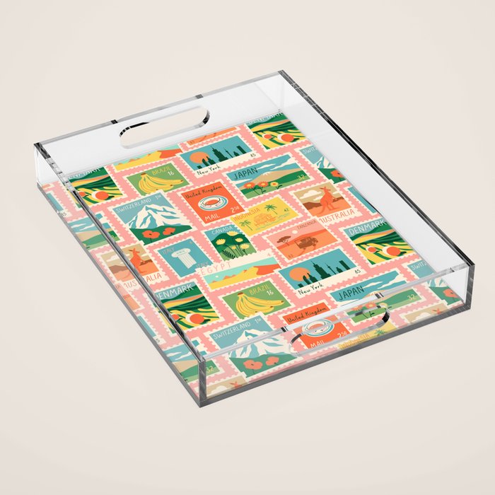 Vintage world travel postage stamp sticker pattern Acrylic Tray Gallery Image 1