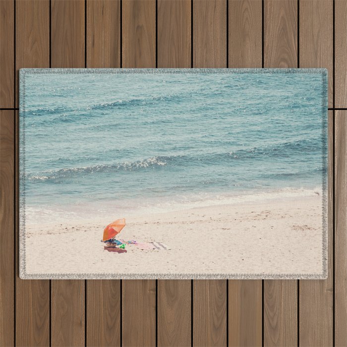 Aerial Orange Beach Umbrella - Ocean - Beach and Sea photography by Ingrid Beddoes Outdoor Rug Gallery Image 1