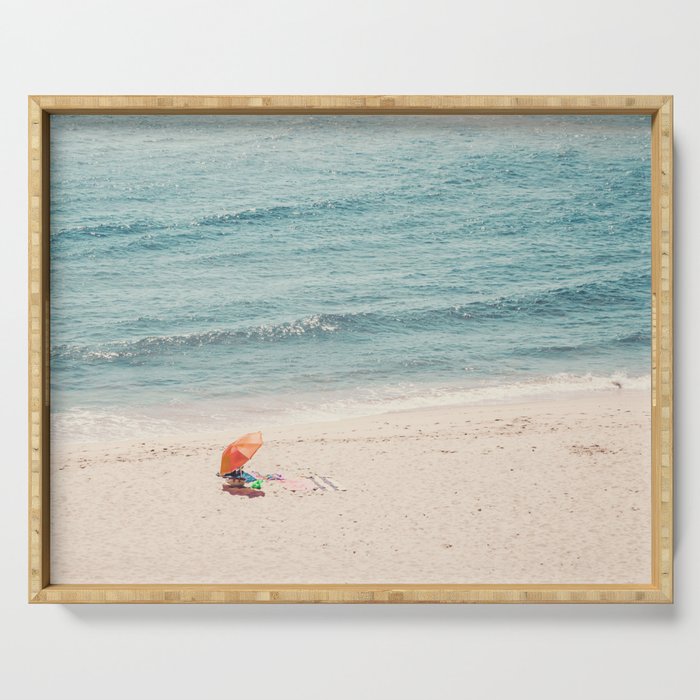 Aerial Orange Beach Umbrella - Ocean - Beach and Sea photography by Ingrid Beddoes Serving Tray Gallery Image 1