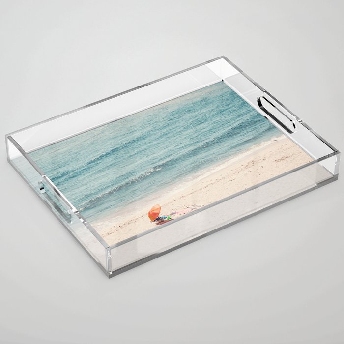 Aerial Orange Beach Umbrella - Ocean - Beach and Sea photography by Ingrid Beddoes Acrylic Tray Gallery Image 1