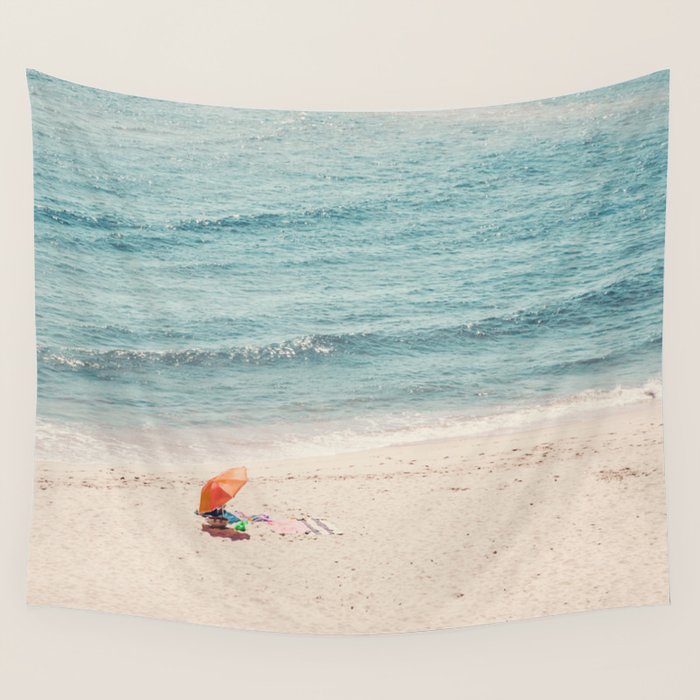 Aerial Orange Beach Umbrella - Ocean - Beach and Sea photography by Ingrid Beddoes Wall Tapestry Gallery Image 1