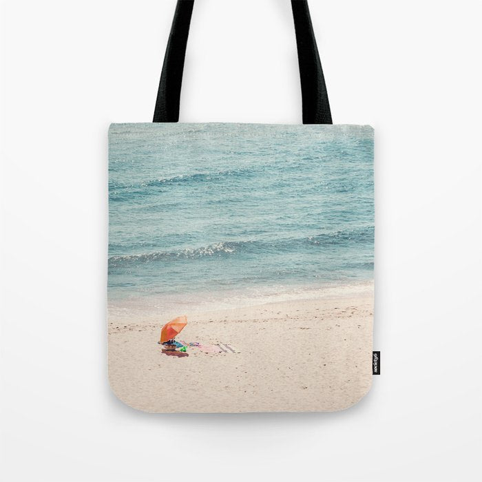 Aerial Orange Beach Umbrella - Ocean - Beach and Sea photography by Ingrid Beddoes Tote Bag Gallery Image 1