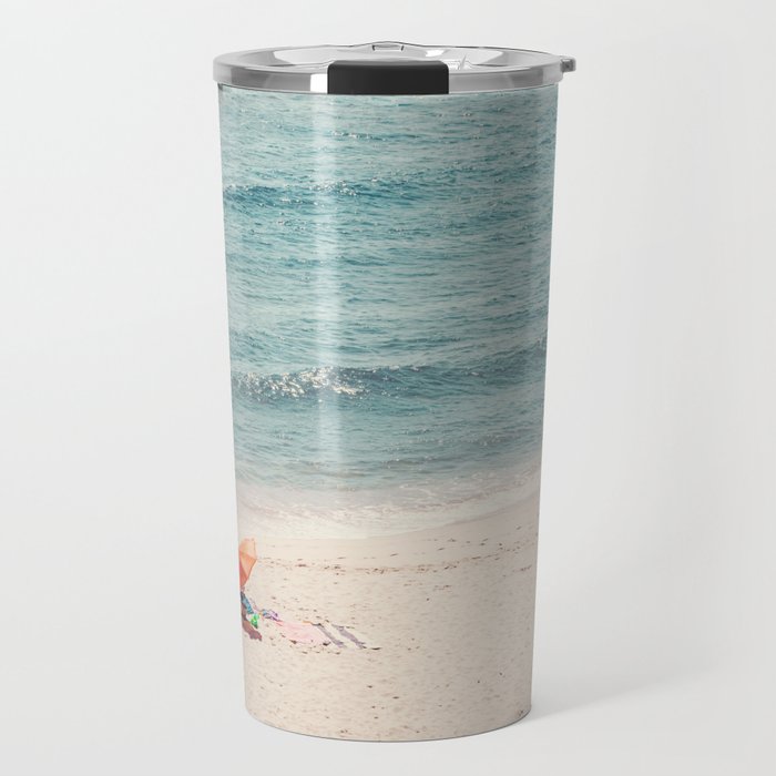 Aerial Orange Beach Umbrella - Ocean - Beach and Sea photography by Ingrid Beddoes Travel Mug Gallery Image 1