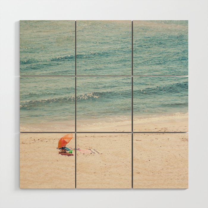 Aerial Orange Beach Umbrella - Ocean - Beach and Sea photography by Ingrid Beddoes Wood Wall Art Gallery Image 1