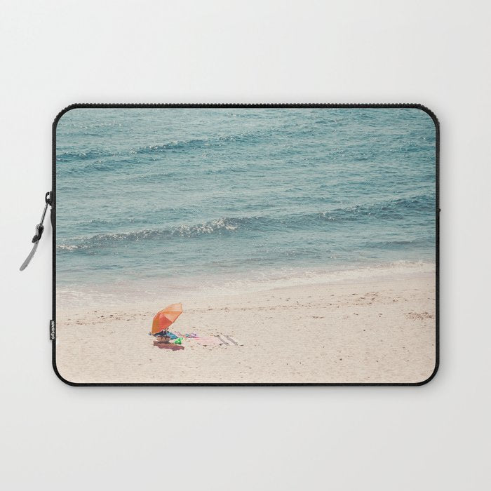 Aerial Orange Beach Umbrella - Ocean - Beach and Sea photography by Ingrid Beddoes Laptop Sleeve Gallery Image 1