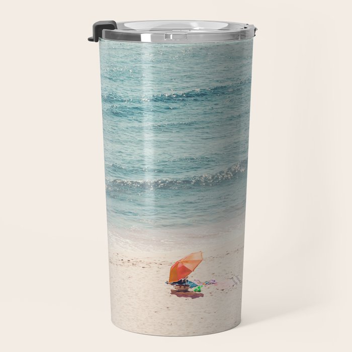 Aerial Orange Beach Umbrella - Ocean - Beach and Sea photography by Ingrid Beddoes Travel Mug Gallery Image 3