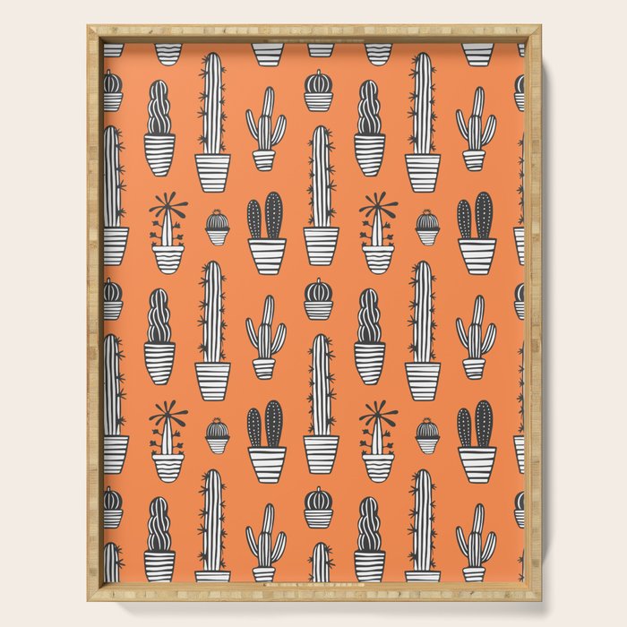 Retro hand drawn cactus plant pattern Serving Tray Gallery Image 1
