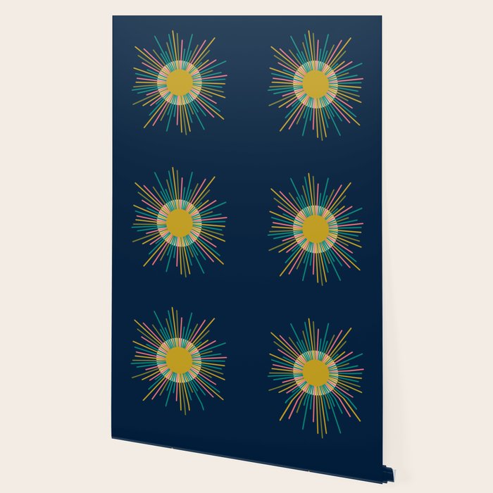 Mid Century Modern Colorful Sunburst Sun on Navy Blue Wallpaper Gallery Image 2