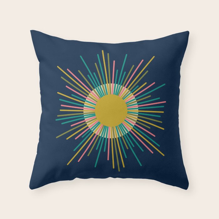 Mid Century Modern Colorful Sunburst Sun on Navy Blue Throw Pillow Gallery Image 6