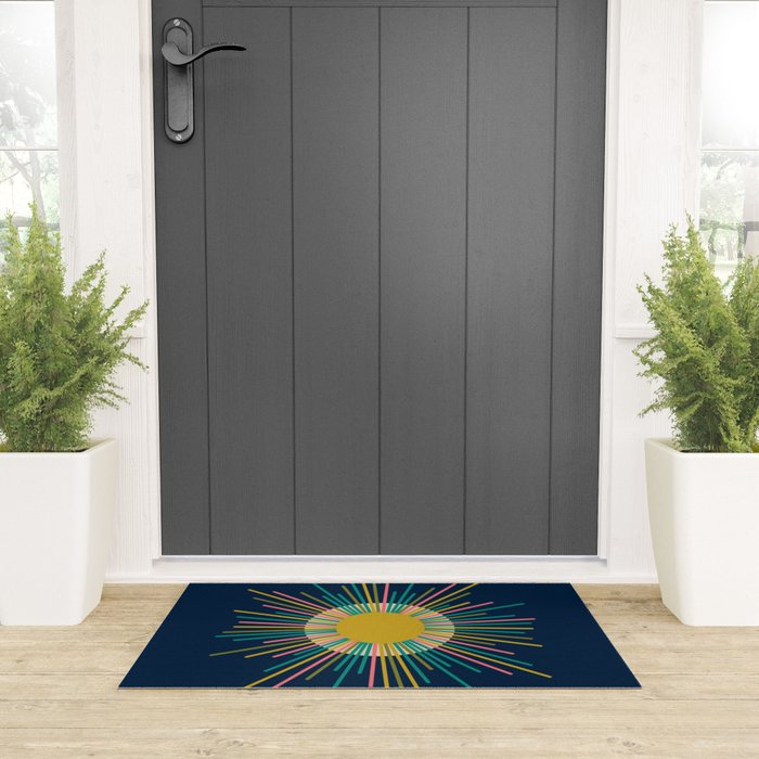 Mid Century Modern Colorful Sunburst Sun on Navy Blue Welcome Mat Gallery Image 3