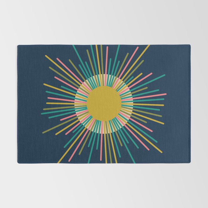 Mid Century Modern Colorful Sunburst Sun on Navy Blue Rug Gallery Image 2