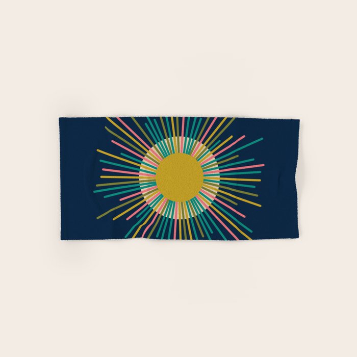 Mid Century Modern Colorful Sunburst Sun on Navy Blue Bath Towel Gallery Image 1