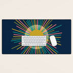 Mid Century Modern Colorful Sunburst Sun on Navy Blue Desk Mat Gallery Image 1